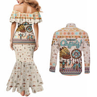 Native American Christmas Couples Matching Mermaid Dress and Long Sleeve Button Shirt with Beige Tribal Pattern Santa Claus and Dreamcatcher Motif - Wonder Print Shop