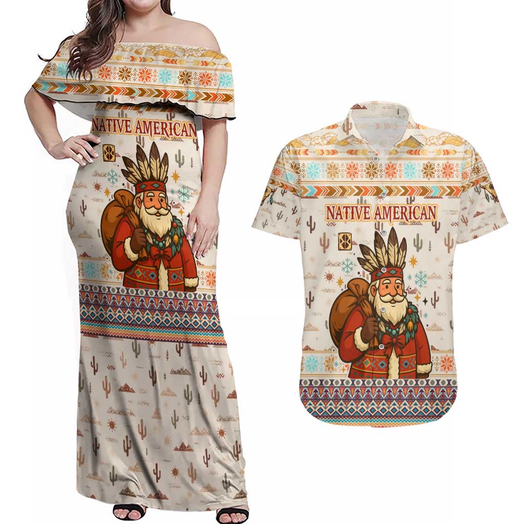 Native American Christmas Couples Matching Off Shoulder Maxi Dress and Hawaiian Shirt with Beige Tribal Pattern Santa Claus and Dreamcatcher Motif - Wonder Print Shop