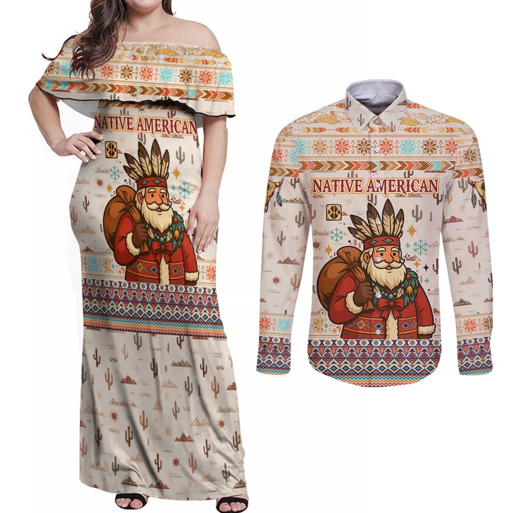 Native American Christmas Couples Matching Off Shoulder Maxi Dress and Long Sleeve Button Shirt with Beige Tribal Pattern Santa Claus and Dreamcatcher Motif - Wonder Print Shop