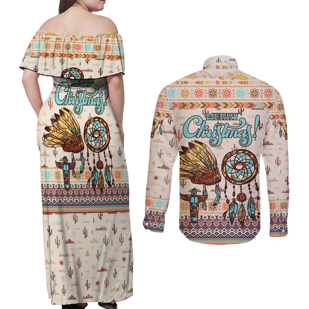 Native American Christmas Couples Matching Off Shoulder Maxi Dress and Long Sleeve Button Shirt with Beige Tribal Pattern Santa Claus and Dreamcatcher Motif - Wonder Print Shop