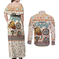 Native American Christmas Couples Matching Off Shoulder Maxi Dress and Long Sleeve Button Shirt with Beige Tribal Pattern Santa Claus and Dreamcatcher Motif - Wonder Print Shop
