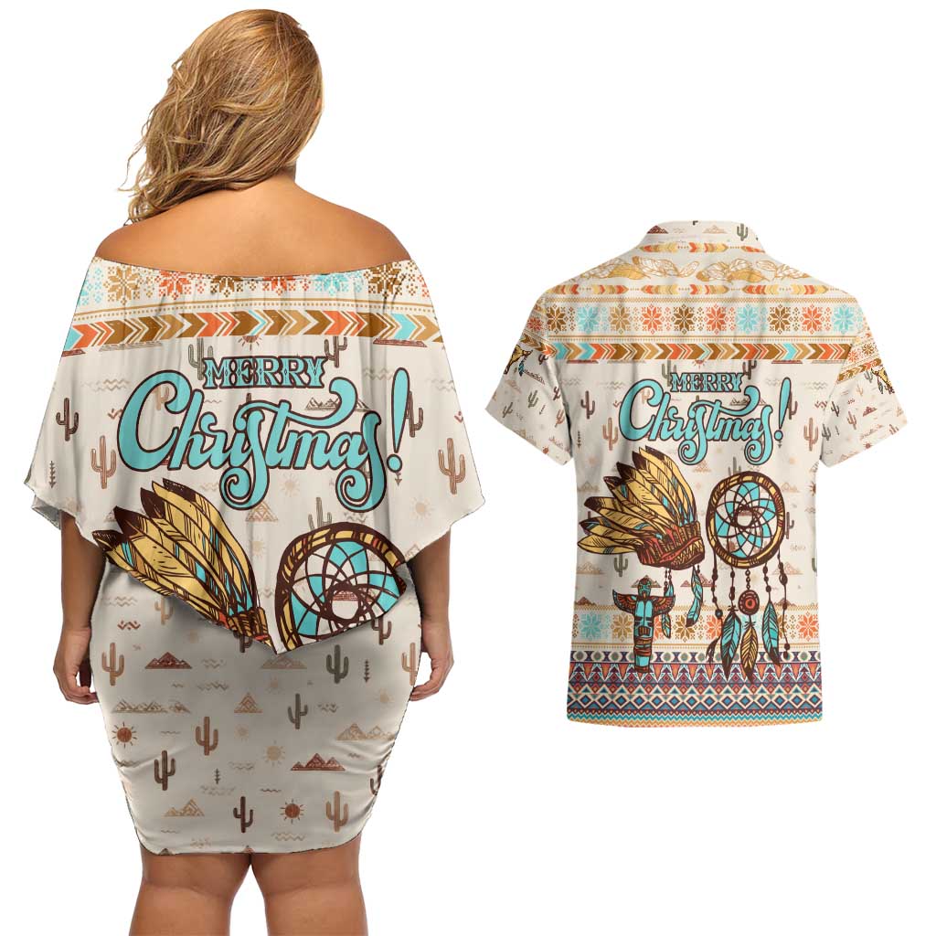 Native American Christmas Couples Matching Off Shoulder Short Dress and Hawaiian Shirt with Beige Tribal Pattern Santa Claus and Dreamcatcher Motif - Wonder Print Shop