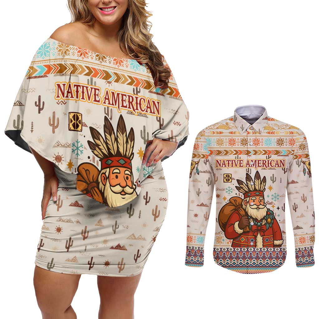 Native American Christmas Couples Matching Off Shoulder Short Dress and Long Sleeve Button Shirt with Beige Tribal Pattern Santa Claus and Dreamcatcher Motif - Wonder Print Shop