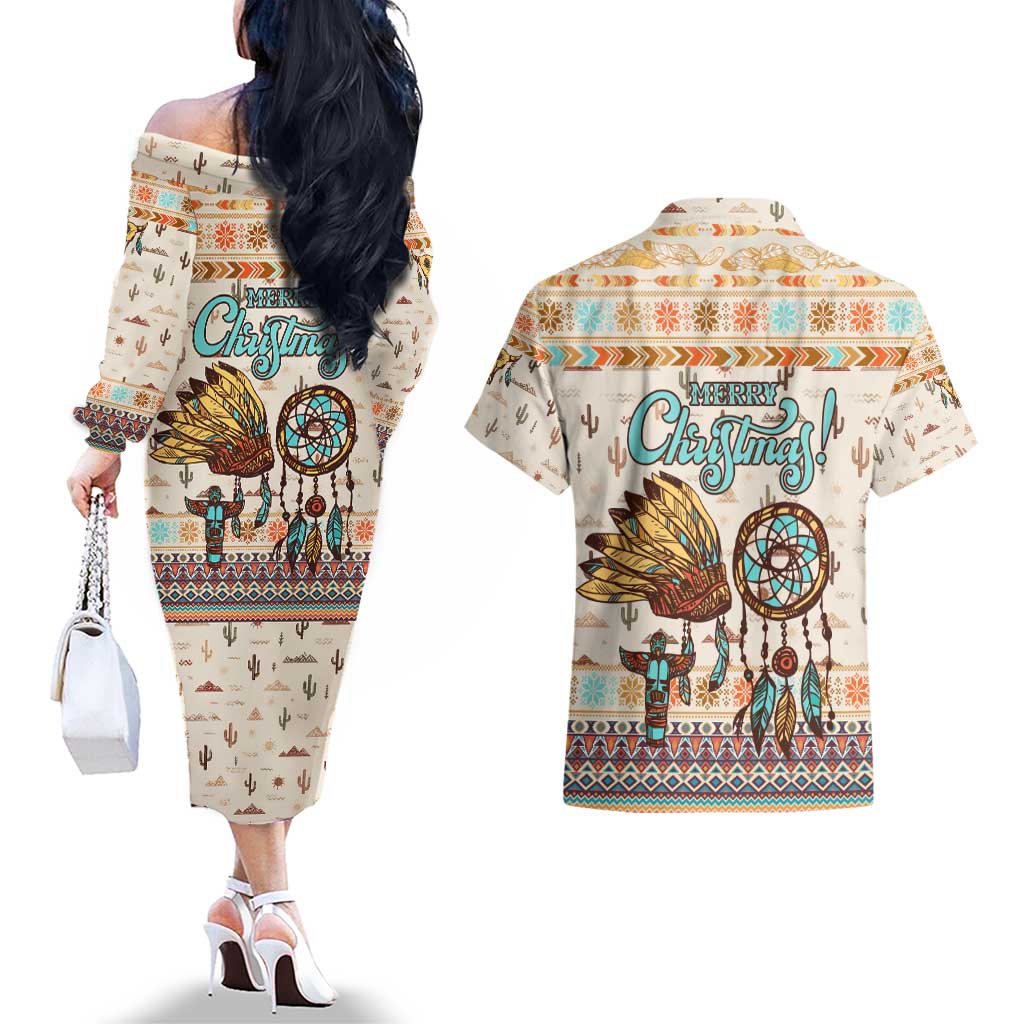 Native American Christmas Couples Matching Off The Shoulder Long Sleeve Dress and Hawaiian Shirt with Beige Tribal Pattern Santa Claus and Dreamcatcher Motif - Wonder Print Shop