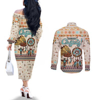 Native American Christmas Couples Matching Off The Shoulder Long Sleeve Dress and Long Sleeve Button Shirt with Beige Tribal Pattern Santa Claus and Dreamcatcher Motif - Wonder Print Shop