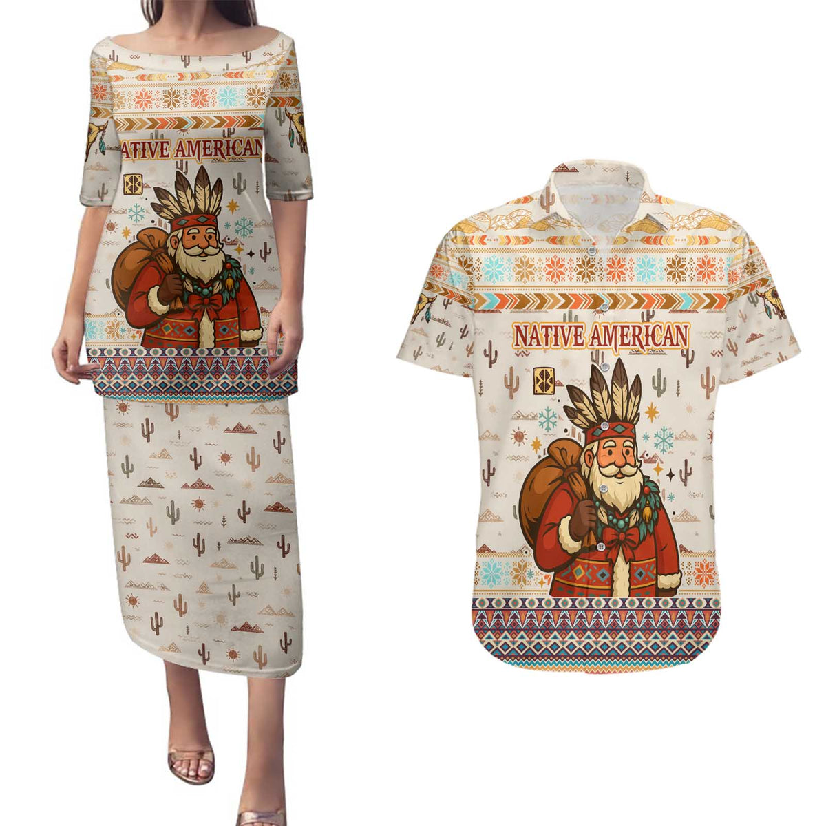 Native American Christmas Couples Matching Puletasi and Hawaiian Shirt with Beige Tribal Pattern Santa Claus and Dreamcatcher Motif - Wonder Print Shop