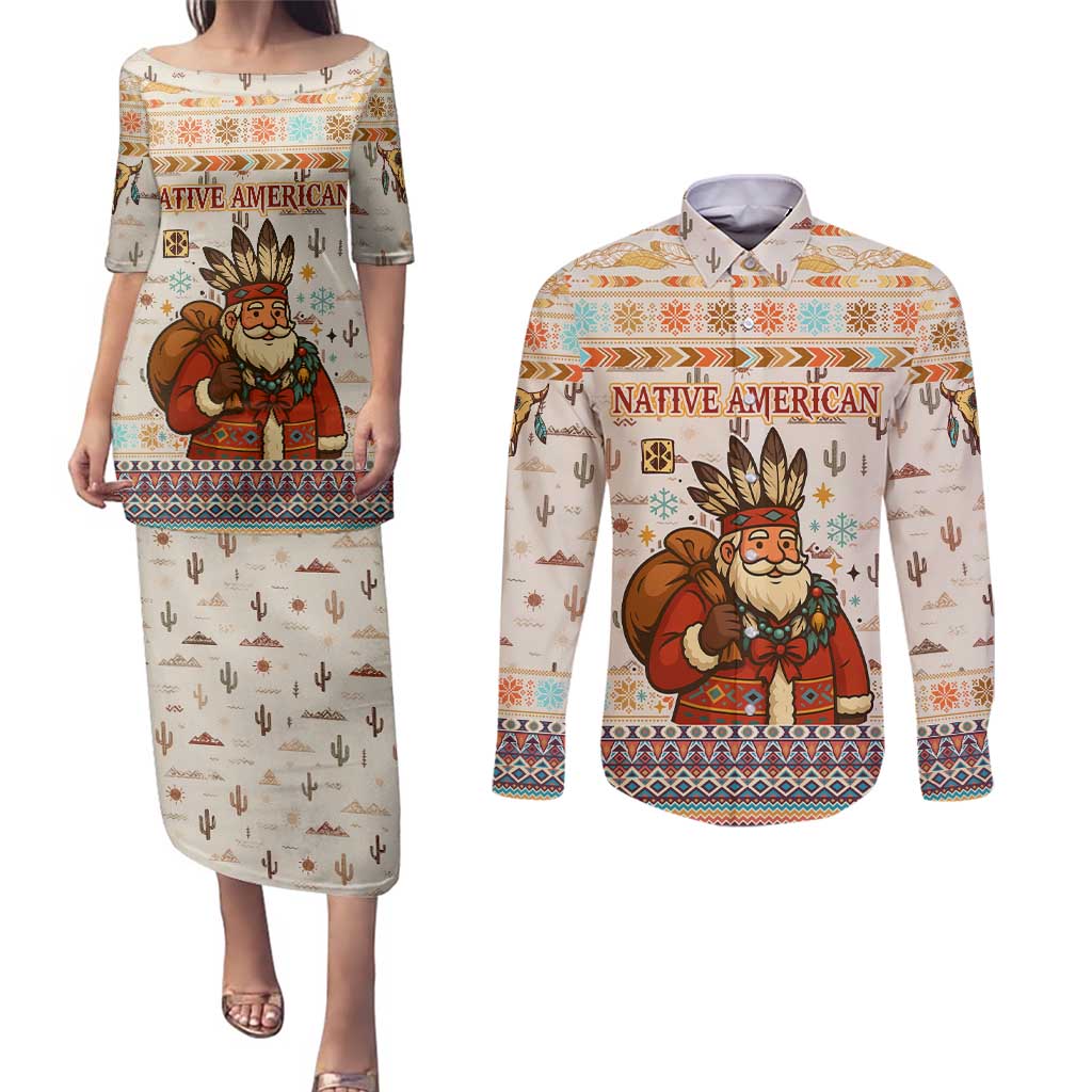 Native American Christmas Couples Matching Puletasi and Long Sleeve Button Shirt with Beige Tribal Pattern Santa Claus and Dreamcatcher Motif - Wonder Print Shop