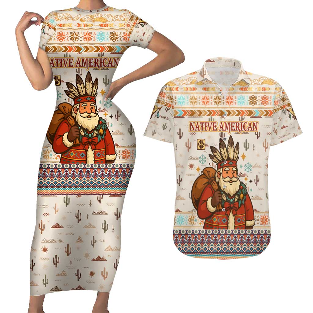 Native American Christmas Couples Matching Short Sleeve Bodycon Dress and Hawaiian Shirt with Beige Tribal Pattern Santa Claus and Dreamcatcher Motif - Wonder Print Shop