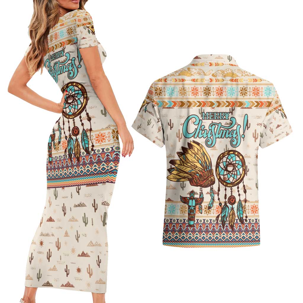 Native American Christmas Couples Matching Short Sleeve Bodycon Dress and Hawaiian Shirt with Beige Tribal Pattern Santa Claus and Dreamcatcher Motif - Wonder Print Shop