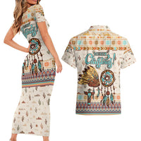 Native American Christmas Couples Matching Short Sleeve Bodycon Dress and Hawaiian Shirt with Beige Tribal Pattern Santa Claus and Dreamcatcher Motif - Wonder Print Shop