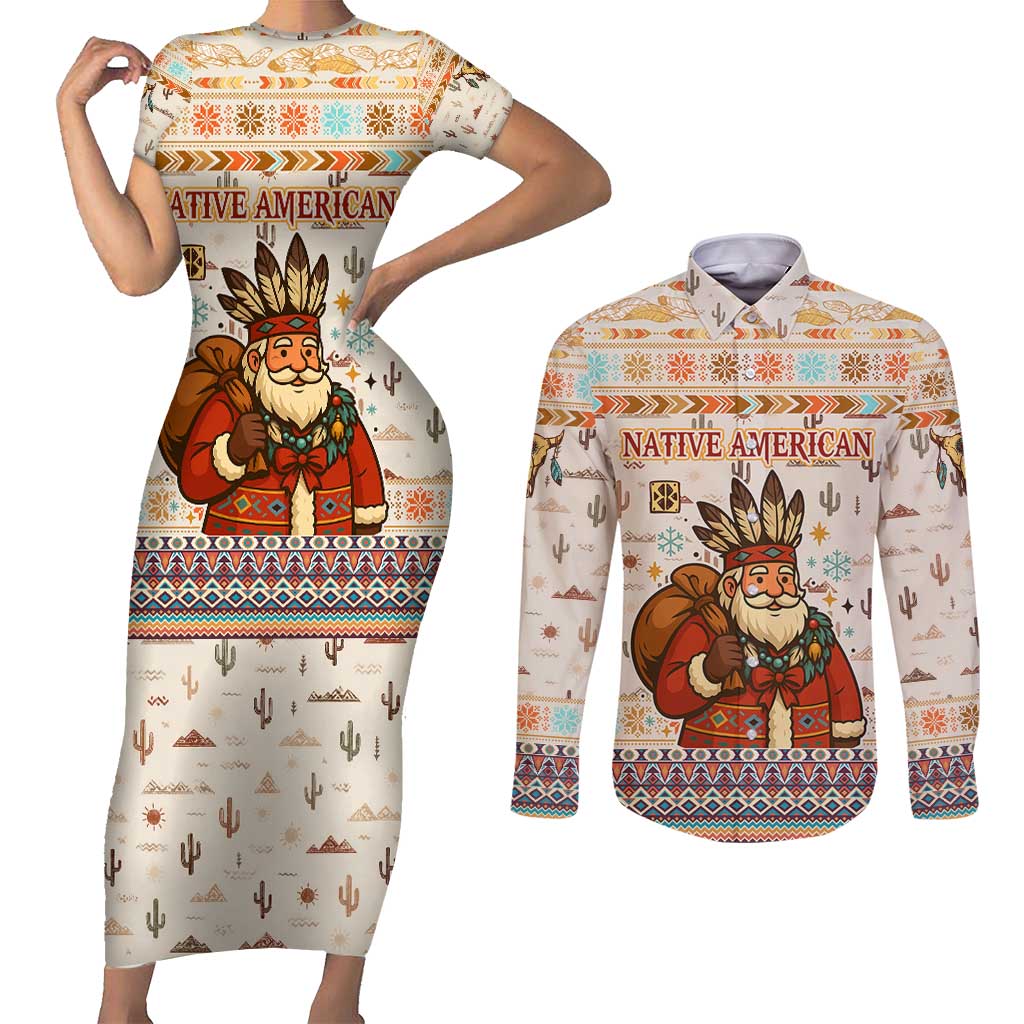 Native American Christmas Couples Matching Short Sleeve Bodycon Dress and Long Sleeve Button Shirt with Beige Tribal Pattern Santa Claus and Dreamcatcher Motif - Wonder Print Shop