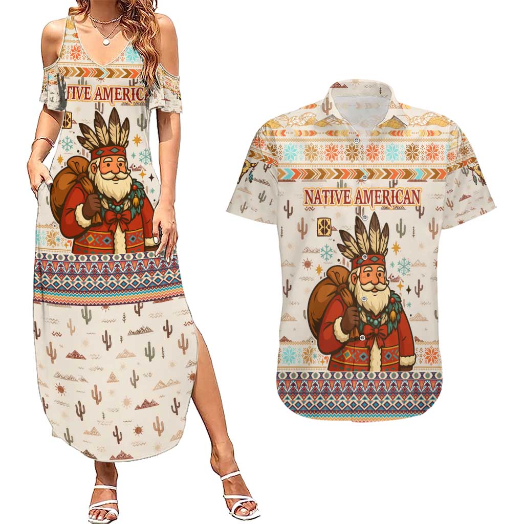 Native American Christmas Couples Matching Summer Maxi Dress and Hawaiian Shirt with Beige Tribal Pattern Santa Claus and Dreamcatcher Motif - Wonder Print Shop