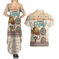 Native American Christmas Couples Matching Summer Maxi Dress and Hawaiian Shirt with Beige Tribal Pattern Santa Claus and Dreamcatcher Motif - Wonder Print Shop