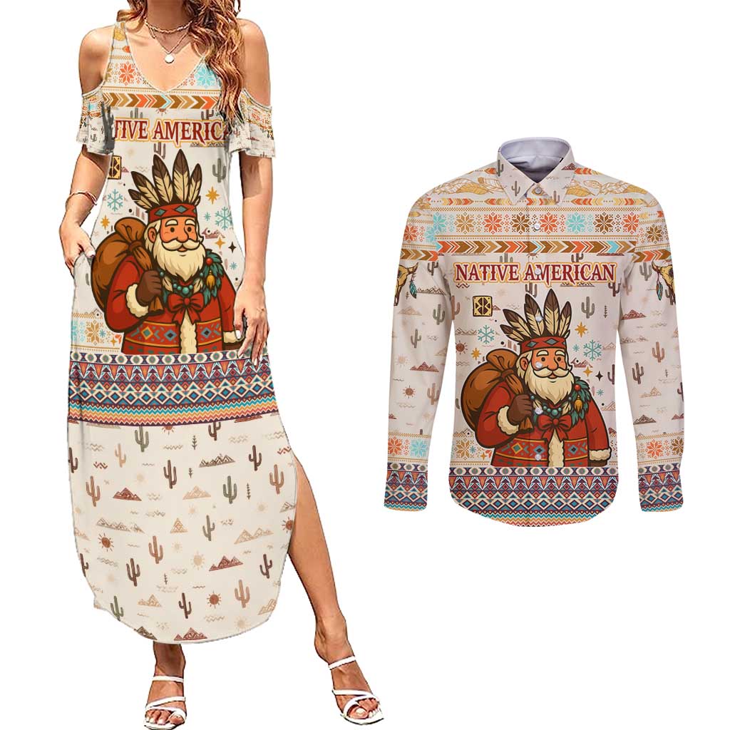 Native American Christmas Couples Matching Summer Maxi Dress and Long Sleeve Button Shirt with Beige Tribal Pattern Santa Claus and Dreamcatcher Motif - Wonder Print Shop