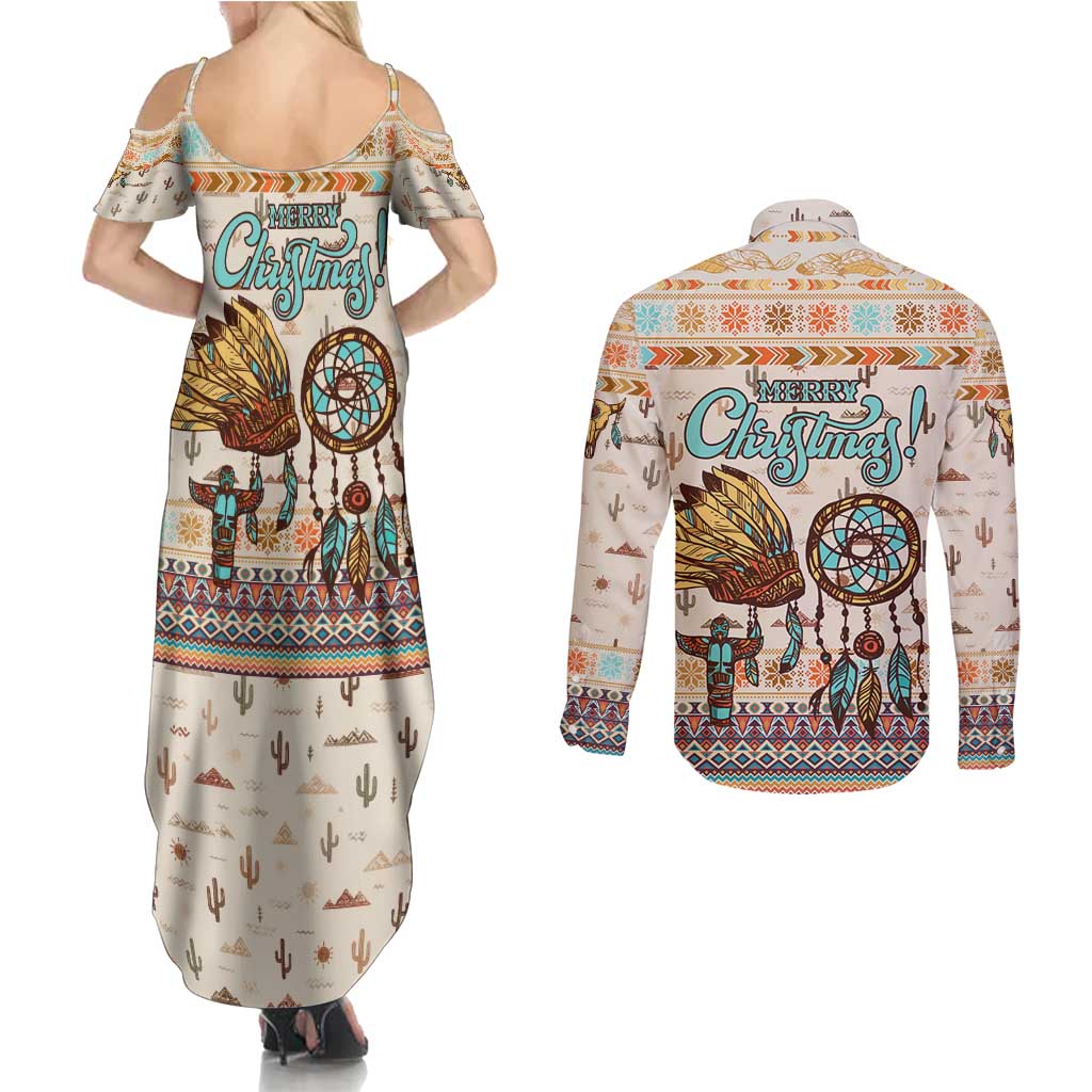 Native American Christmas Couples Matching Summer Maxi Dress and Long Sleeve Button Shirt with Beige Tribal Pattern Santa Claus and Dreamcatcher Motif - Wonder Print Shop