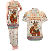 Native American Christmas Couples Matching Tank Maxi Dress and Hawaiian Shirt with Beige Tribal Pattern Santa Claus and Dreamcatcher Motif - Wonder Print Shop