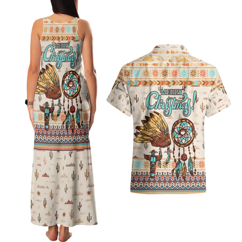 Native American Christmas Couples Matching Tank Maxi Dress and Hawaiian Shirt with Beige Tribal Pattern Santa Claus and Dreamcatcher Motif - Wonder Print Shop