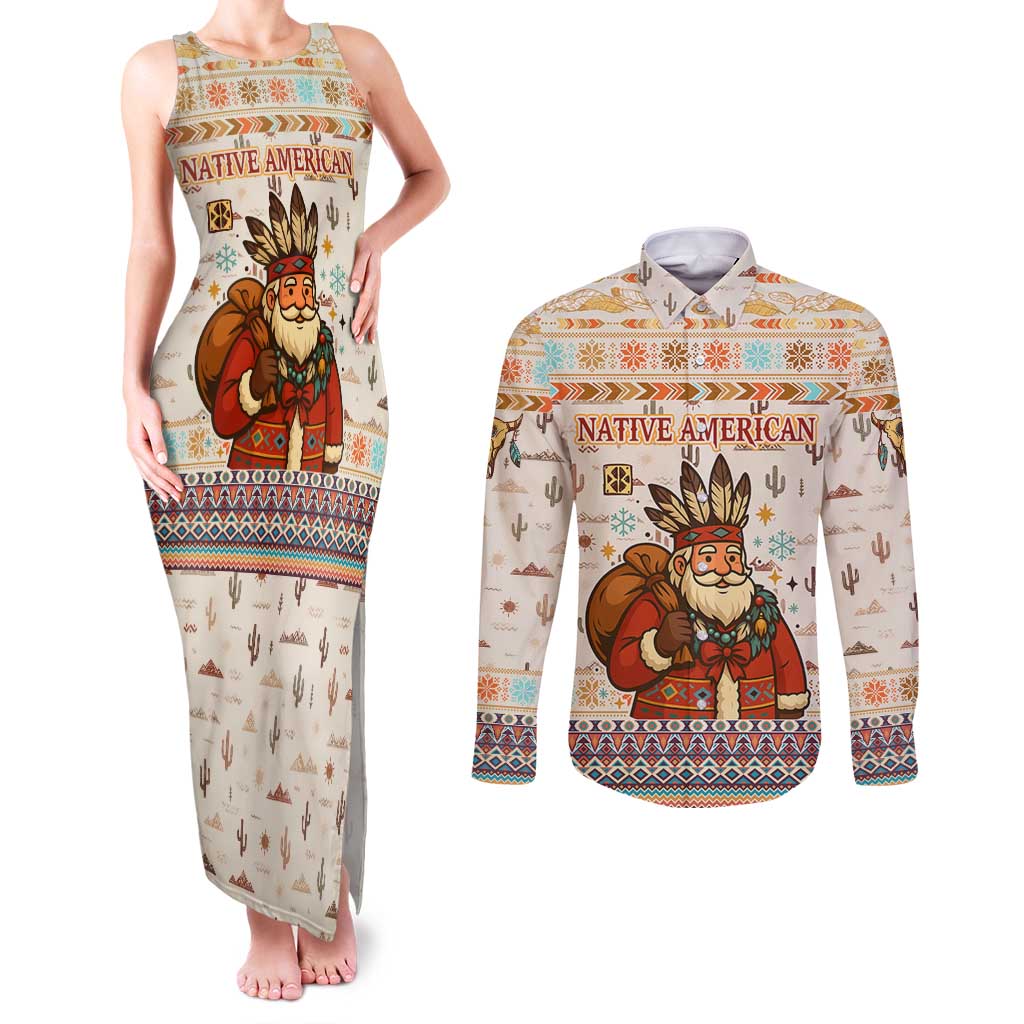 Native American Christmas Couples Matching Tank Maxi Dress and Long Sleeve Button Shirt with Beige Tribal Pattern Santa Claus and Dreamcatcher Motif - Wonder Print Shop