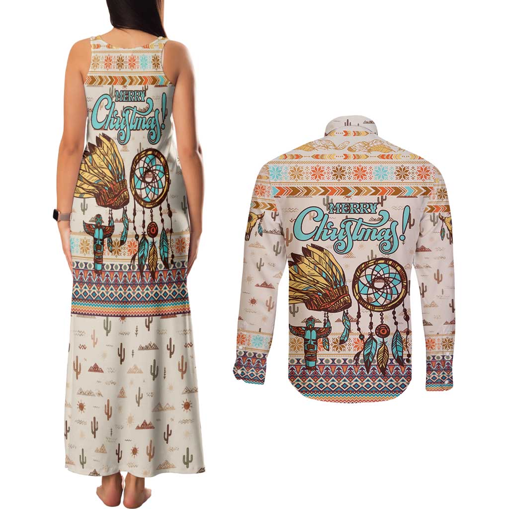 Native American Christmas Couples Matching Tank Maxi Dress and Long Sleeve Button Shirt with Beige Tribal Pattern Santa Claus and Dreamcatcher Motif - Wonder Print Shop