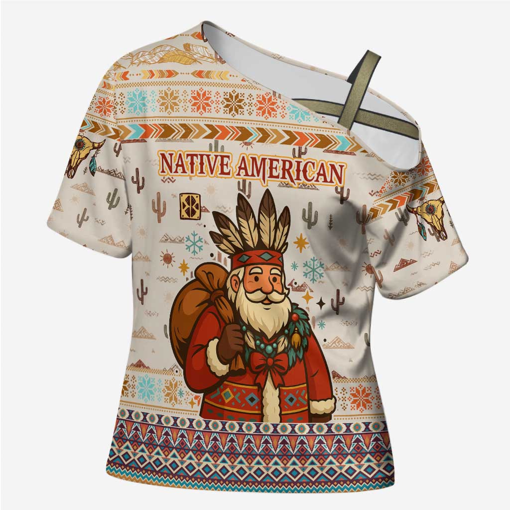 Native American Christmas Cross Shoulder Shirt with Beige Tribal Pattern Santa Claus and Dreamcatcher Motif - Wonder Print Shop