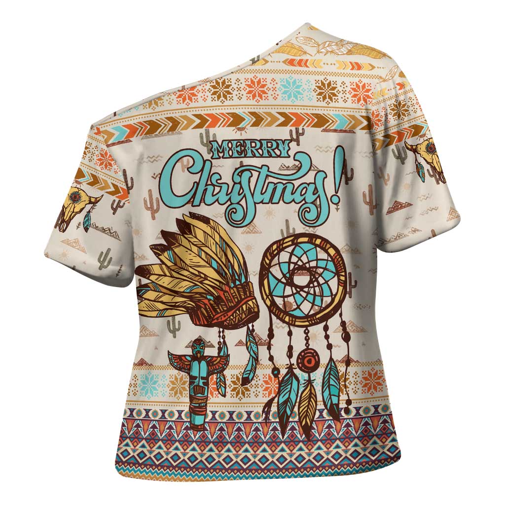 Native American Christmas Cross Shoulder Shirt with Beige Tribal Pattern Santa Claus and Dreamcatcher Motif - Wonder Print Shop