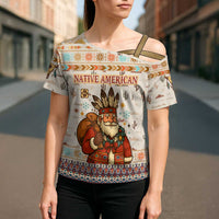 Native American Christmas Cross Shoulder Shirt with Beige Tribal Pattern Santa Claus and Dreamcatcher Motif - Wonder Print Shop