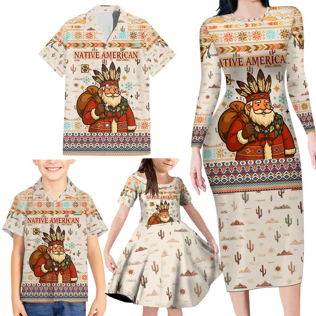 Native American Christmas Family Matching Long Sleeve Bodycon Dress and Hawaiian Shirt with Beige Tribal Pattern Santa Claus and Dreamcatcher Motif - Wonder Print Shop