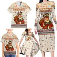 Native American Christmas Family Matching Long Sleeve Bodycon Dress and Hawaiian Shirt with Beige Tribal Pattern Santa Claus and Dreamcatcher Motif - Wonder Print Shop