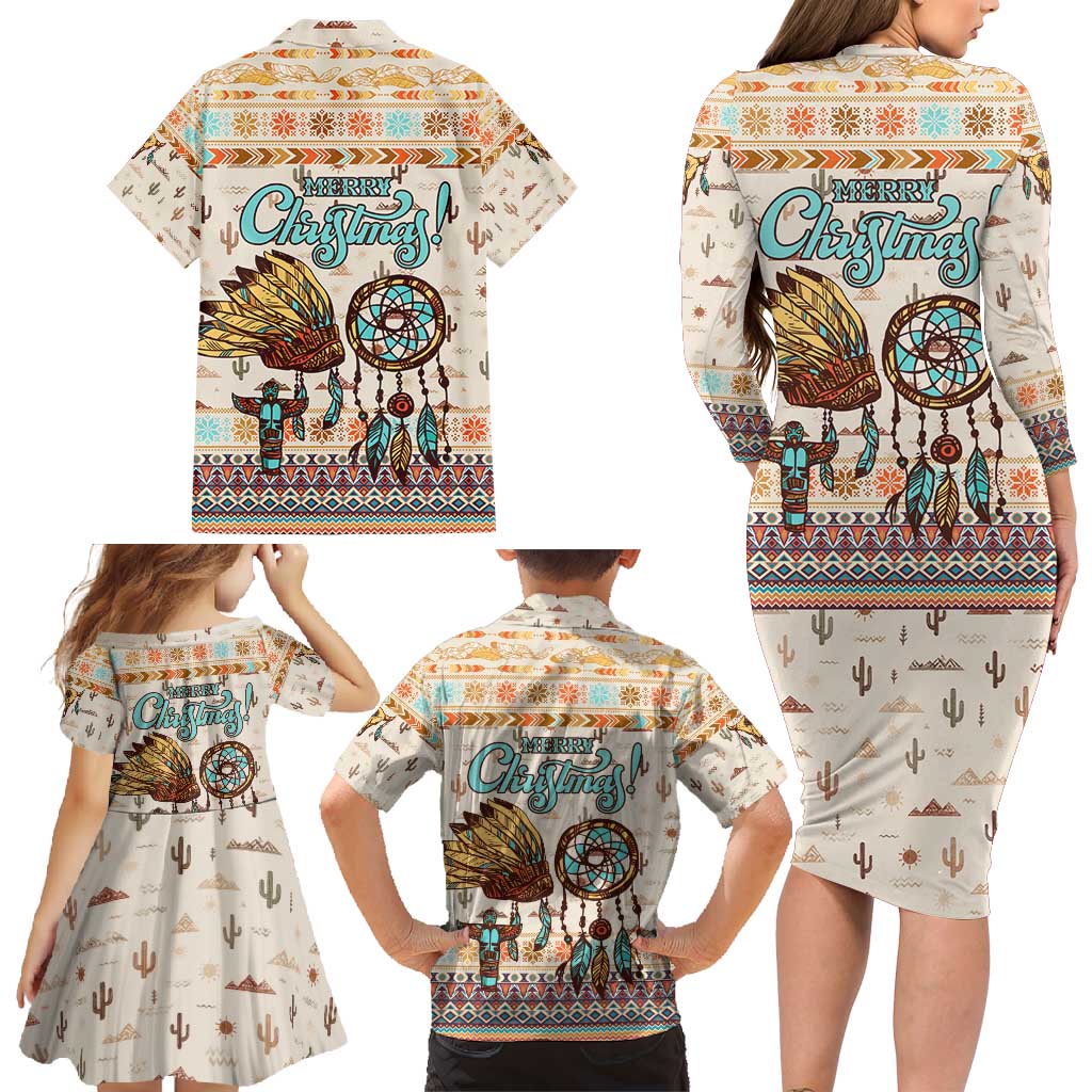 Native American Christmas Family Matching Long Sleeve Bodycon Dress and Hawaiian Shirt with Beige Tribal Pattern Santa Claus and Dreamcatcher Motif - Wonder Print Shop