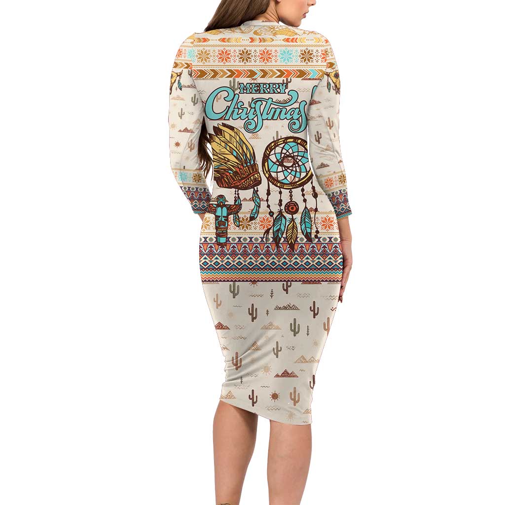 Native American Christmas Family Matching Long Sleeve Bodycon Dress and Hawaiian Shirt with Beige Tribal Pattern Santa Claus and Dreamcatcher Motif - Wonder Print Shop
