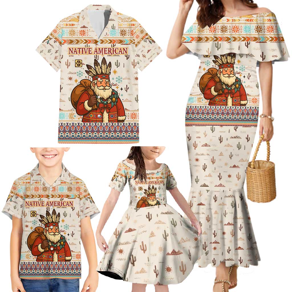 Native American Christmas Family Matching Mermaid Dress and Hawaiian Shirt with Beige Tribal Pattern Santa Claus and Dreamcatcher Motif - Wonder Print Shop