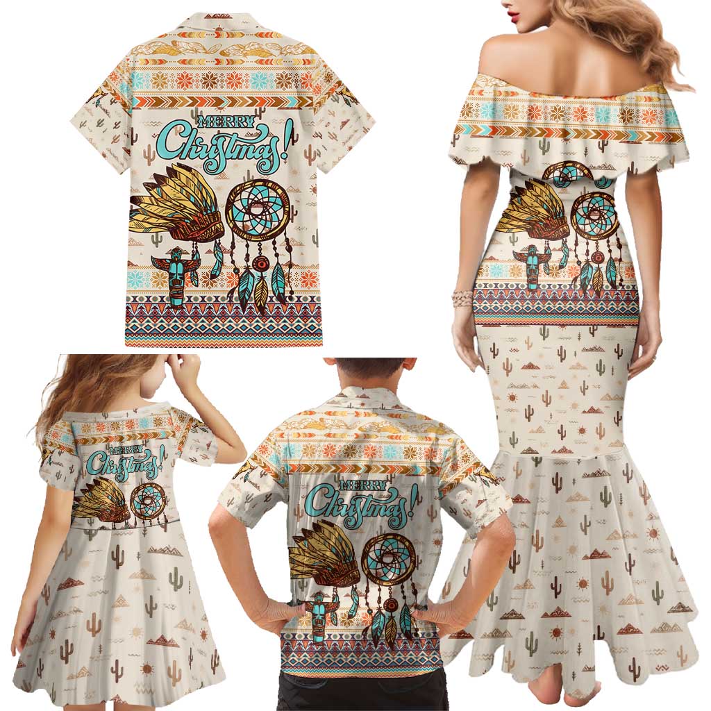 Native American Christmas Family Matching Mermaid Dress and Hawaiian Shirt with Beige Tribal Pattern Santa Claus and Dreamcatcher Motif - Wonder Print Shop