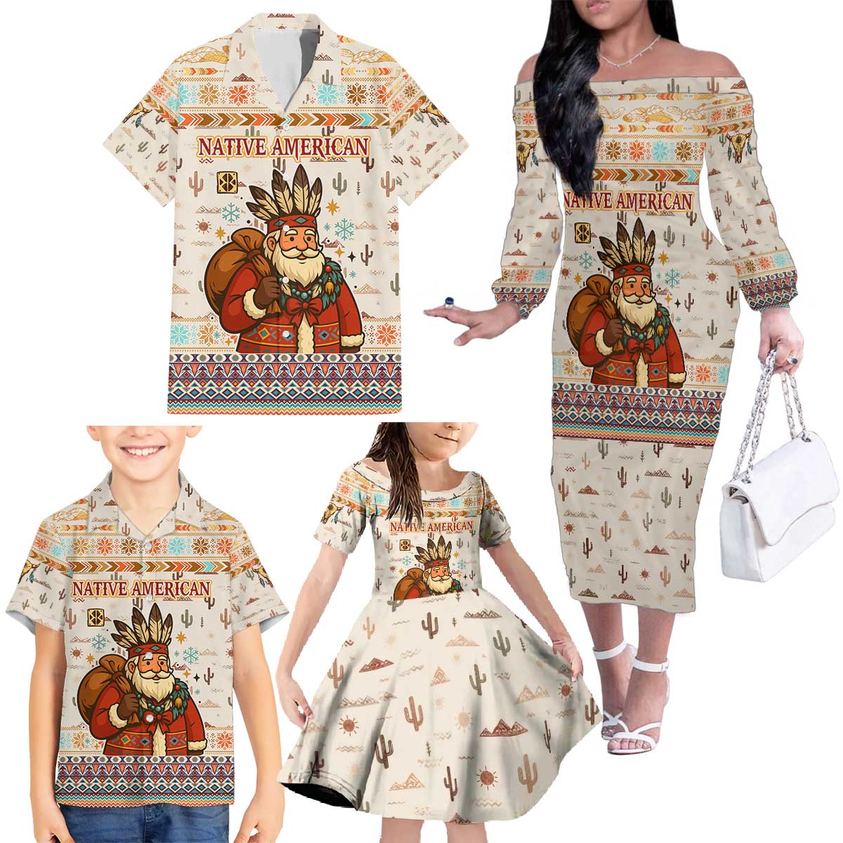 Native American Christmas Family Matching Off The Shoulder Long Sleeve Dress and Hawaiian Shirt with Beige Tribal Pattern Santa Claus and Dreamcatcher Motif - Wonder Print Shop