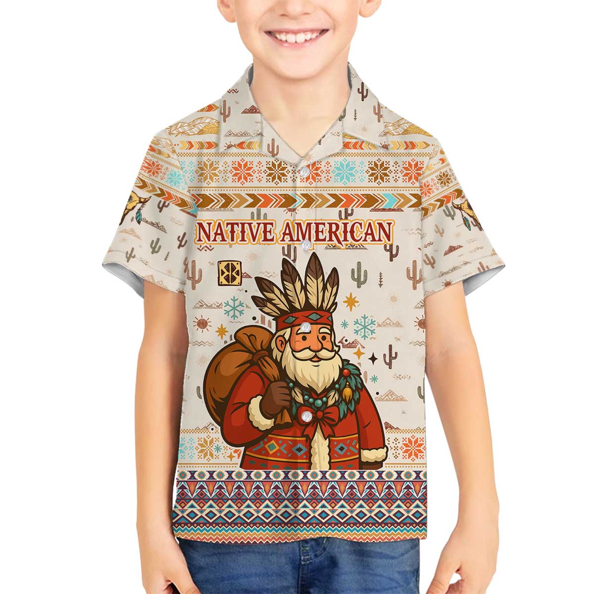 Native American Christmas Family Matching Off The Shoulder Long Sleeve Dress and Hawaiian Shirt with Beige Tribal Pattern Santa Claus and Dreamcatcher Motif - Wonder Print Shop