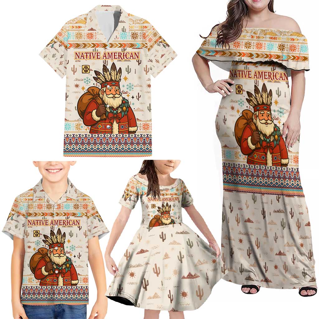 Native American Christmas Family Matching Off Shoulder Maxi Dress and Hawaiian Shirt with Beige Tribal Pattern Santa Claus and Dreamcatcher Motif - Wonder Print Shop