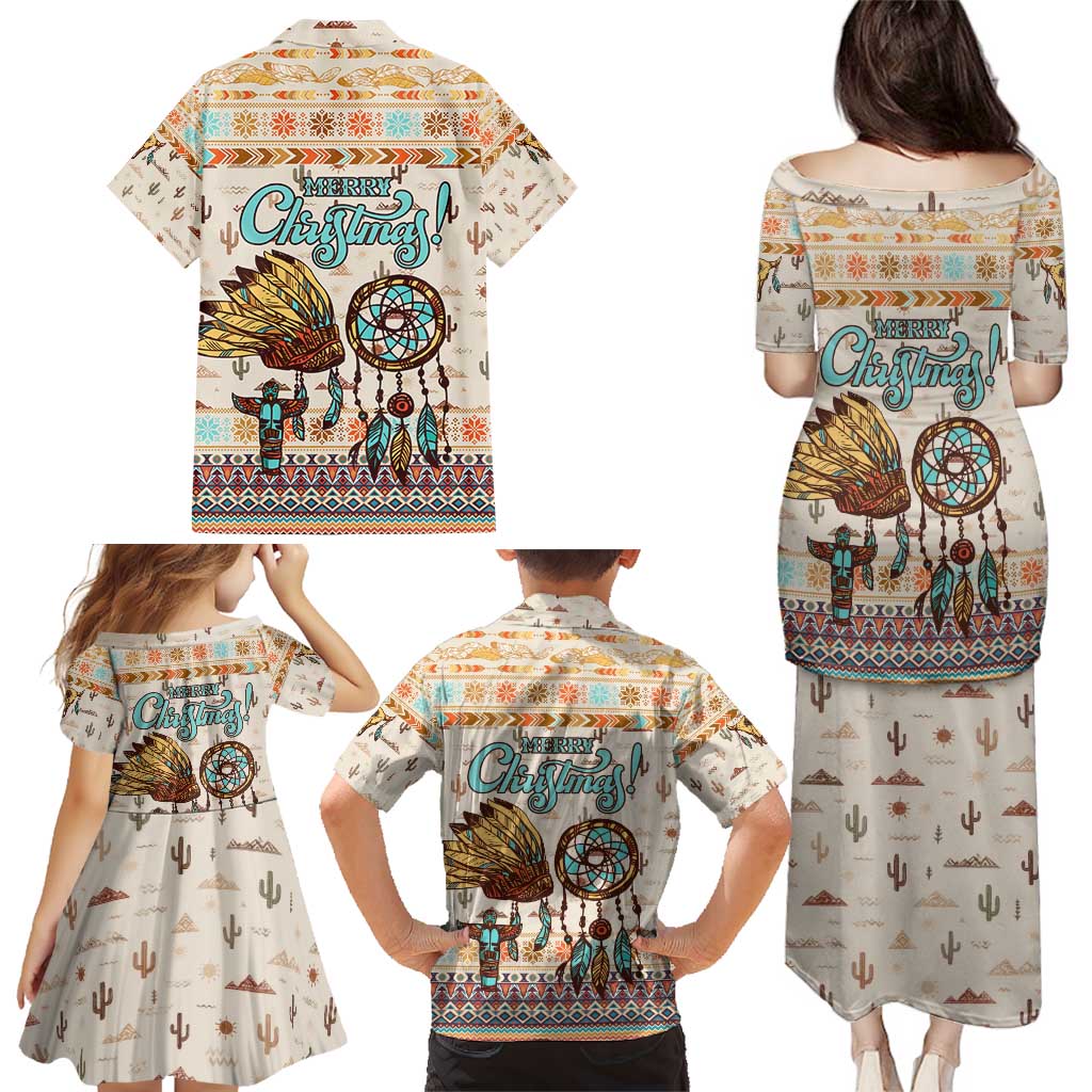 Native American Christmas Family Matching Puletasi and Hawaiian Shirt with Beige Tribal Pattern Santa Claus and Dreamcatcher Motif - Wonder Print Shop