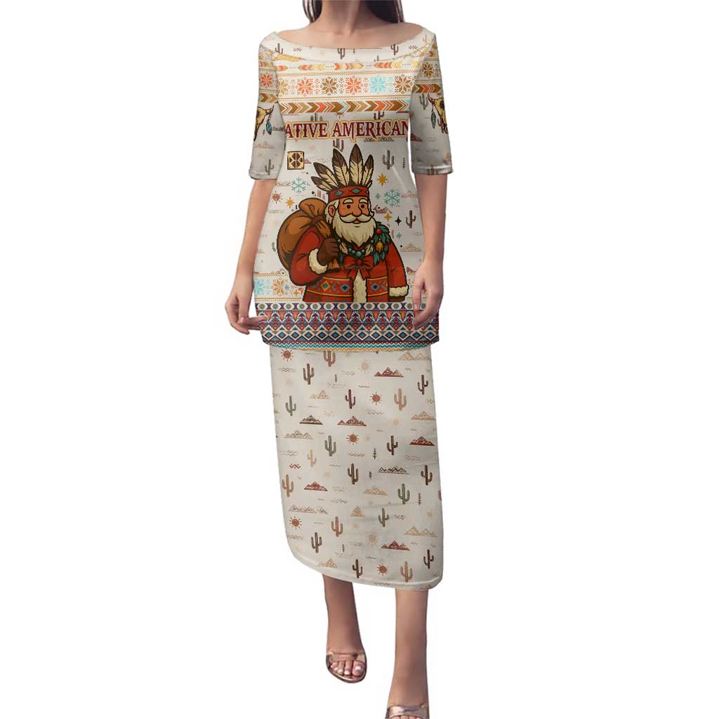 Native American Christmas Family Matching Puletasi and Hawaiian Shirt with Beige Tribal Pattern Santa Claus and Dreamcatcher Motif - Wonder Print Shop