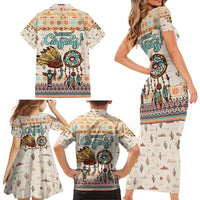 Native American Christmas Family Matching Short Sleeve Bodycon Dress and Hawaiian Shirt with Beige Tribal Pattern Santa Claus and Dreamcatcher Motif - Wonder Print Shop