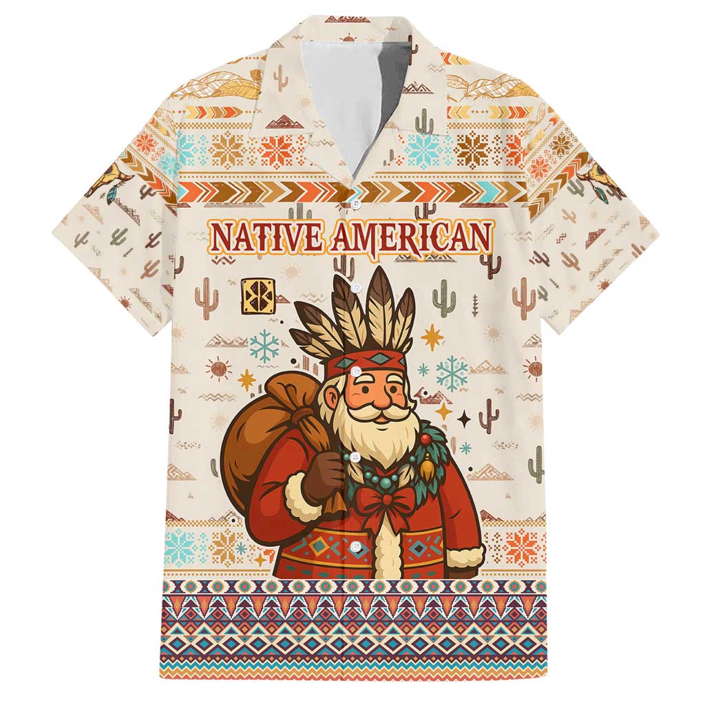 Native American Christmas Family Matching Short Sleeve Bodycon Dress and Hawaiian Shirt with Beige Tribal Pattern Santa Claus and Dreamcatcher Motif - Wonder Print Shop