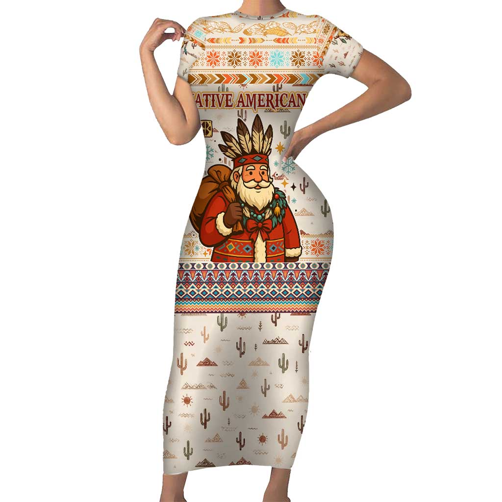 Native American Christmas Family Matching Short Sleeve Bodycon Dress and Hawaiian Shirt with Beige Tribal Pattern Santa Claus and Dreamcatcher Motif - Wonder Print Shop