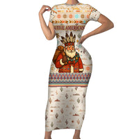 Native American Christmas Family Matching Short Sleeve Bodycon Dress and Hawaiian Shirt with Beige Tribal Pattern Santa Claus and Dreamcatcher Motif - Wonder Print Shop