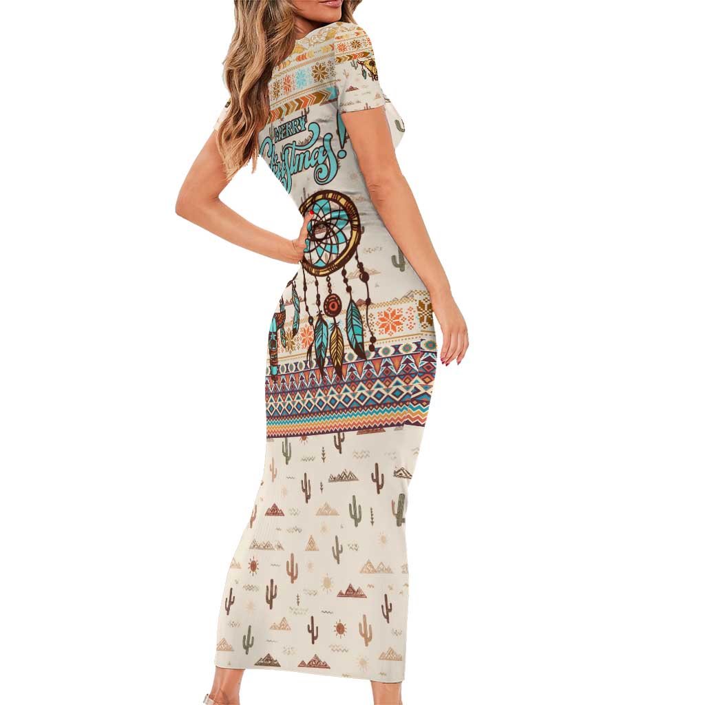 Native American Christmas Family Matching Short Sleeve Bodycon Dress and Hawaiian Shirt with Beige Tribal Pattern Santa Claus and Dreamcatcher Motif - Wonder Print Shop