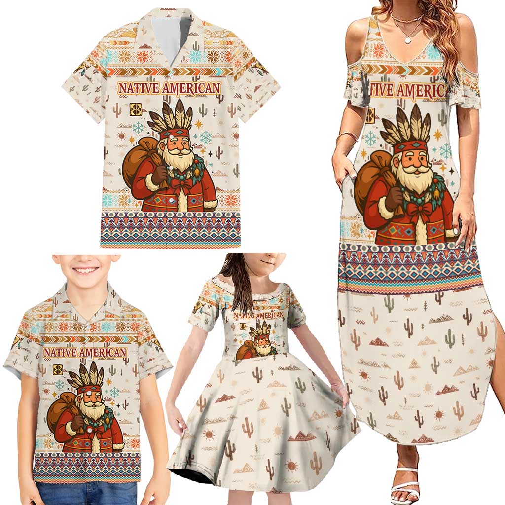 Native American Christmas Family Matching Summer Maxi Dress and Hawaiian Shirt with Beige Tribal Pattern Santa Claus and Dreamcatcher Motif - Wonder Print Shop
