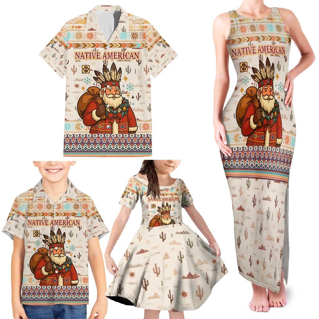 Native American Christmas Family Matching Tank Maxi Dress and Hawaiian Shirt with Beige Tribal Pattern Santa Claus and Dreamcatcher Motif - Wonder Print Shop