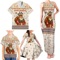 Native American Christmas Family Matching Tank Maxi Dress and Hawaiian Shirt with Beige Tribal Pattern Santa Claus and Dreamcatcher Motif - Wonder Print Shop