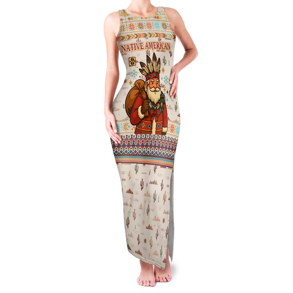 Native American Christmas Family Matching Tank Maxi Dress and Hawaiian Shirt with Beige Tribal Pattern Santa Claus and Dreamcatcher Motif - Wonder Print Shop