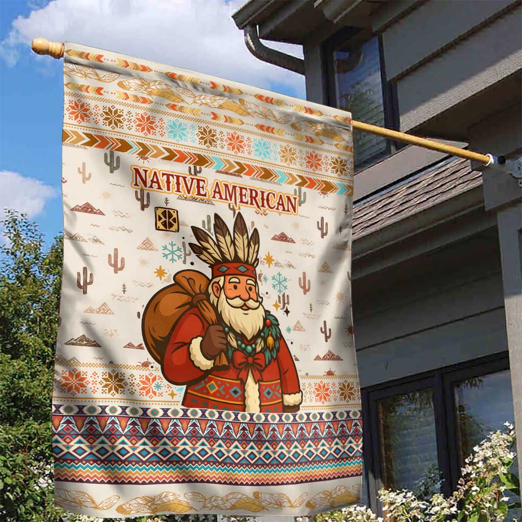 Native American Christmas Garden Flag with Beige Tribal Pattern Santa Claus and Dreamcatcher Motif - Wonder Print Shop