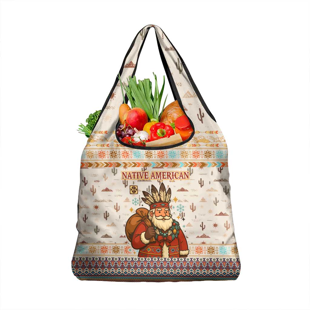 Native American Christmas Grocery Bag with Beige Tribal Pattern Santa Claus and Dreamcatcher Motif - Wonder Print Shop