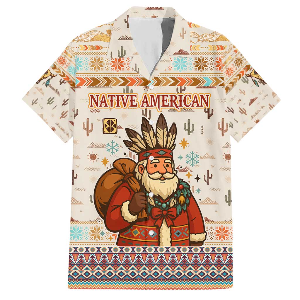Native American Christmas Hawaiian Shirt with Beige Tribal Pattern Santa Claus and Dreamcatcher Motif - Wonder Print Shop