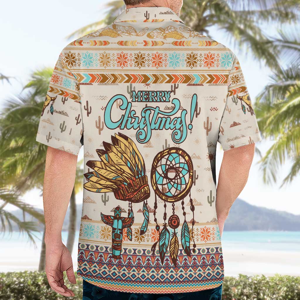 Native American Christmas Hawaiian Shirt with Beige Tribal Pattern Santa Claus and Dreamcatcher Motif - Wonder Print Shop